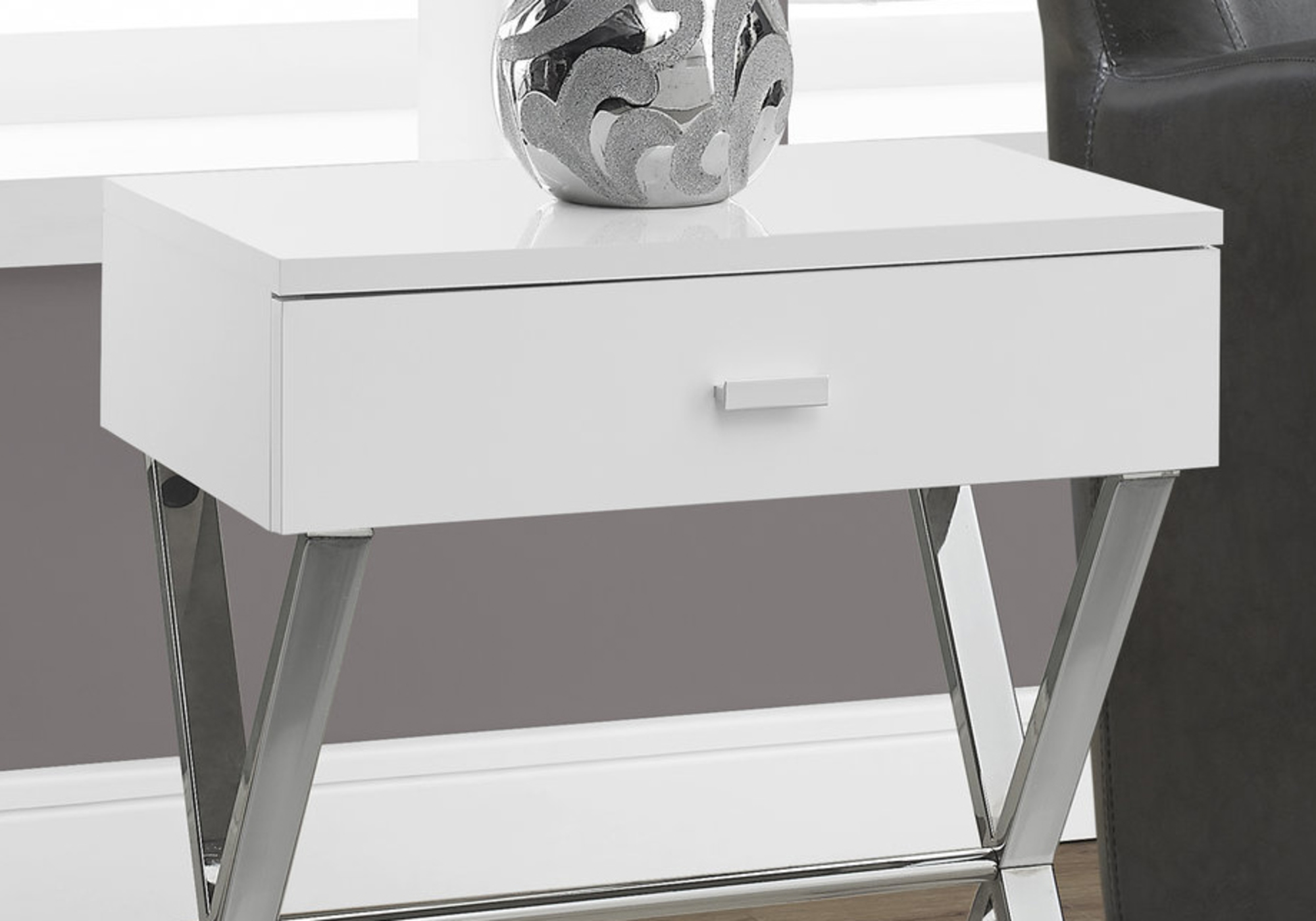 Side Accent Table - 24"H / Glossy  / Chrome Metal With Drawer